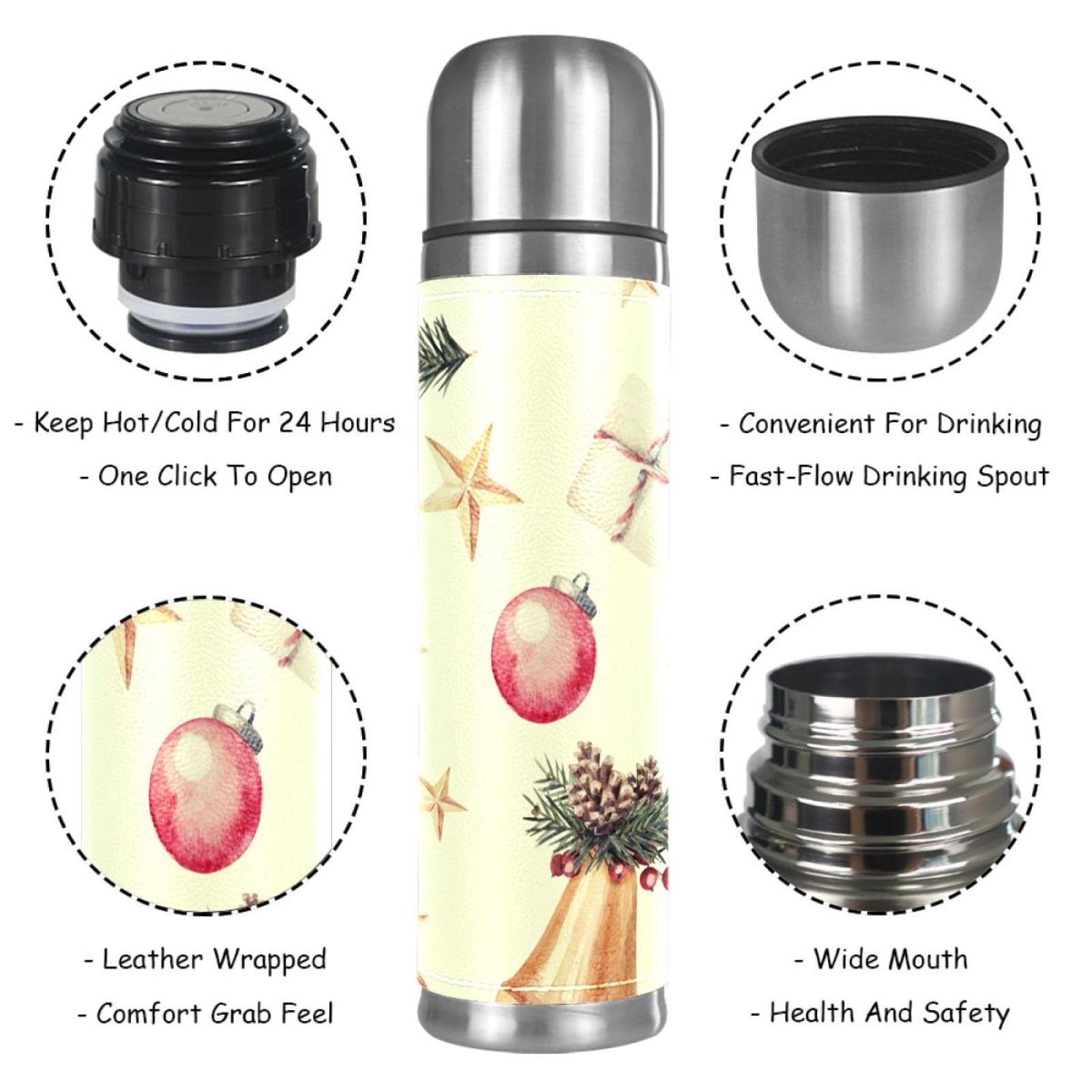 Stainless Steel Leather Vacuum Insulated Mug Christmas Bell Thermos Water Bottle for Hot and Cold Drinks Kids Adults 16 Oz