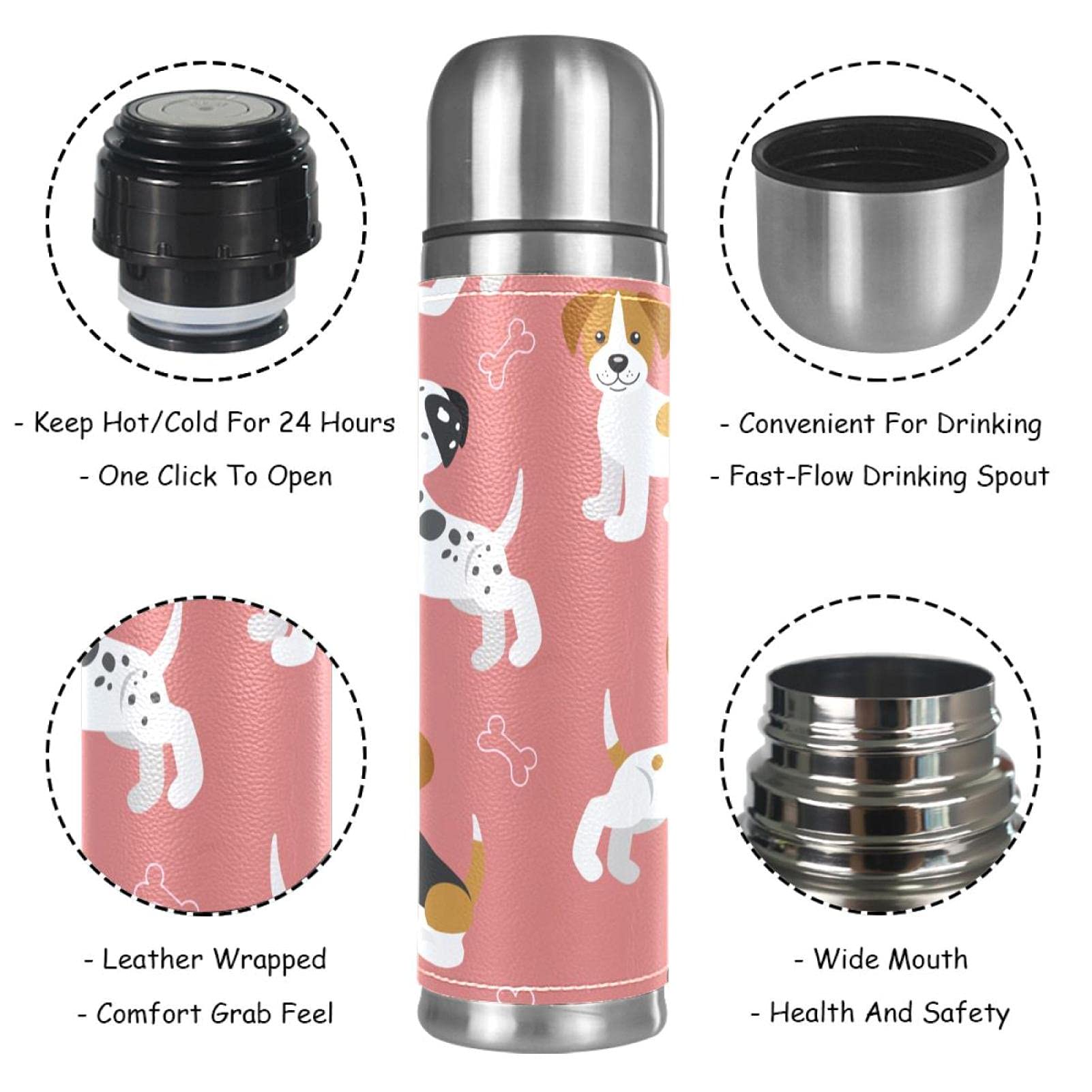 Stainless Steel Leather Vacuum Insulated Mug Puppy Dog Beagle Thermos Water Bottle for Hot and Cold Drinks Kids Adults 16 Oz