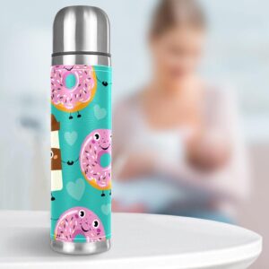 Stainless Steel Leather Vacuum Insulated Mug Donuts Coffee Thermos Water Bottle for Hot and Cold Drinks Kids Adults 16 Oz