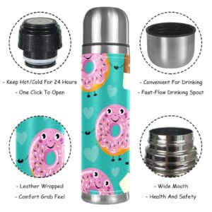 Stainless Steel Leather Vacuum Insulated Mug Donuts Coffee Thermos Water Bottle for Hot and Cold Drinks Kids Adults 16 Oz