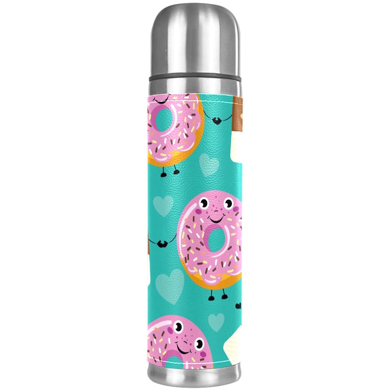 Stainless Steel Leather Vacuum Insulated Mug Donuts Coffee Thermos Water Bottle for Hot and Cold Drinks Kids Adults 16 Oz