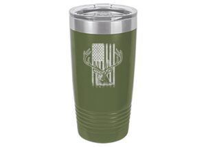 rogue river tactical usa flag buck hunting 20 oz. travel tumbler mug cup w/lid vacuum insulated hot or cold united states deer (green)