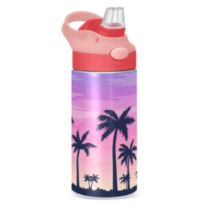 purple sky palm trees kids water bottle with straw lid, vacuum insulated stainless steel double walled leakproof tumbler travel cup for girls boys toddlers, 12 oz
