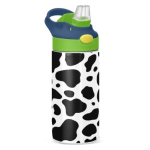 black & white cow print kids water bottle, bpa-free vacuum insulated stainless steel water bottle with straw lid double walled leakproof flask for girls boys toddlers, 12oz