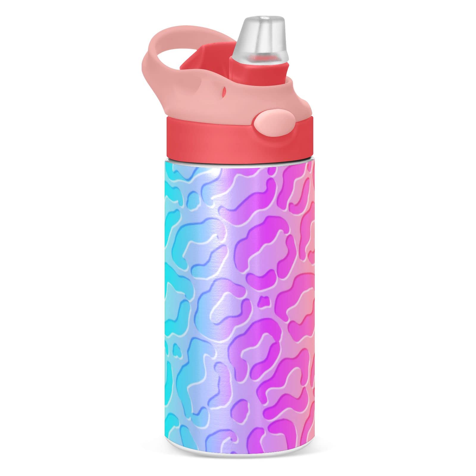 Children Insulated Water Bottles with Straw for School Kids Rainbow Leopard Print Cheetah Animal Stainless Steel Vacuum Double Wall Keeps Hot and Cold with Handles