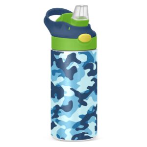 blue camo camouflage kids water bottle, bpa-free vacuum insulated stainless steel water bottle with straw lid double walled leakproof flask for girls boys toddlers, 12oz