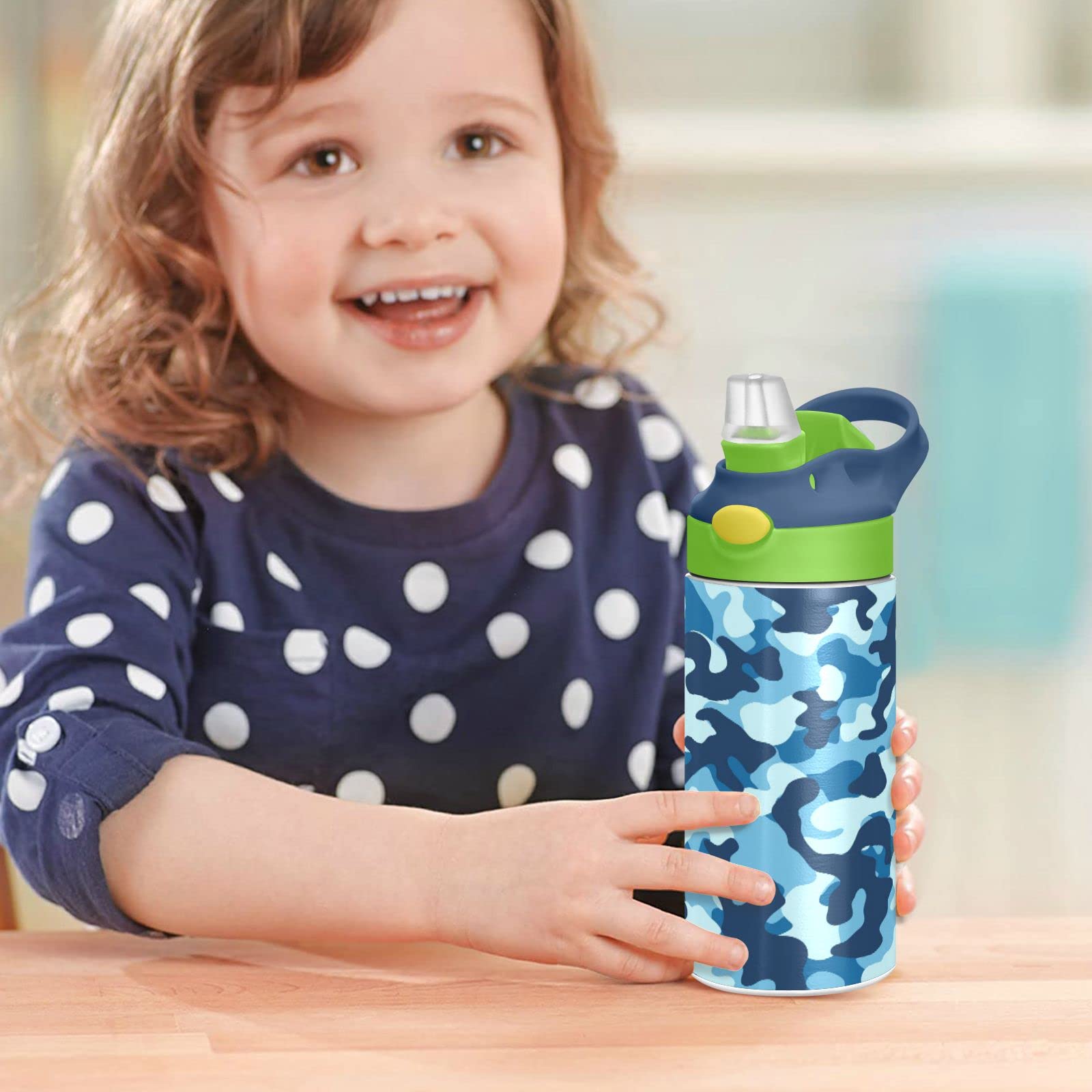 Blue Camo Camouflage Kids Water Bottle, BPA-Free Vacuum Insulated Stainless Steel Water Bottle with Straw Lid Double Walled Leakproof Flask for Girls Boys Toddlers, 12Oz