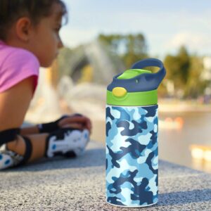 Blue Camo Camouflage Kids Water Bottle, BPA-Free Vacuum Insulated Stainless Steel Water Bottle with Straw Lid Double Walled Leakproof Flask for Girls Boys Toddlers, 12Oz