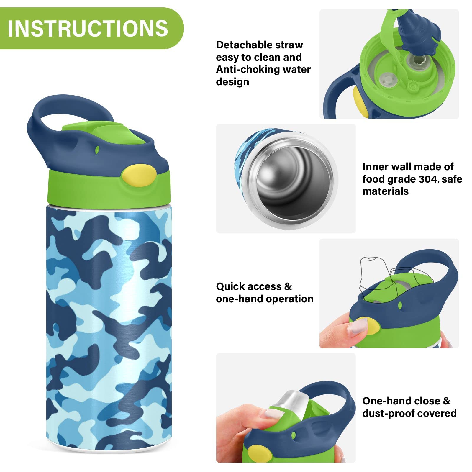 Blue Camo Camouflage Kids Water Bottle, BPA-Free Vacuum Insulated Stainless Steel Water Bottle with Straw Lid Double Walled Leakproof Flask for Girls Boys Toddlers, 12Oz