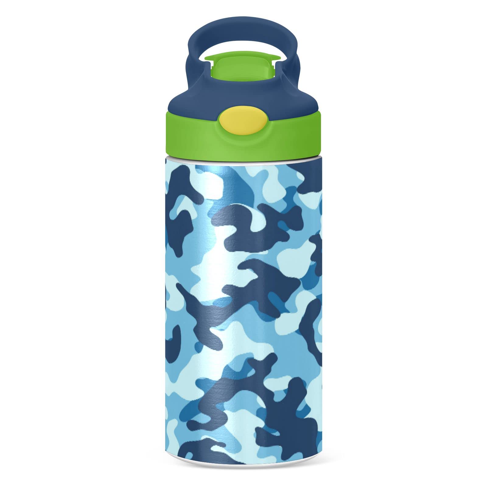 Blue Camo Camouflage Kids Water Bottle, BPA-Free Vacuum Insulated Stainless Steel Water Bottle with Straw Lid Double Walled Leakproof Flask for Girls Boys Toddlers, 12Oz