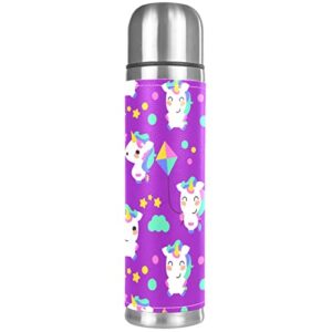 cute unicorn purple pattern stainless steel water bottle leak-proof, double walled vacuum insulated flask thermos cup travel mug 17 oz