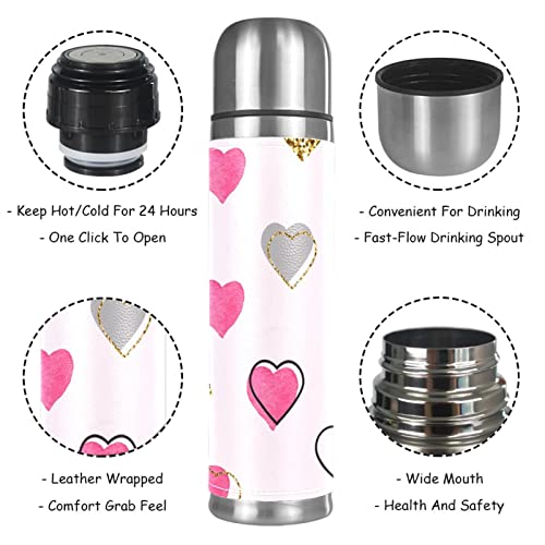 Heart Vacuum Insulated Water Bottle Stainless Steel Thermos Flask Travel Mug Coffee Cup Double Walled 17 OZ