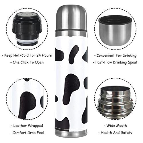 Cow Black White Stainless Steel Water Bottle, Leak-Proof Travel Thermos Mug, Double Walled Vacuum Insulated Flask 17 OZ