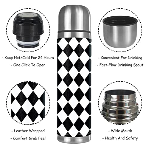 Black White Plaid Vacuum Insulated Stainless Steel Water Bottle, Double Walled Travel Thermos Coffee Mug 17 OZ for School Office