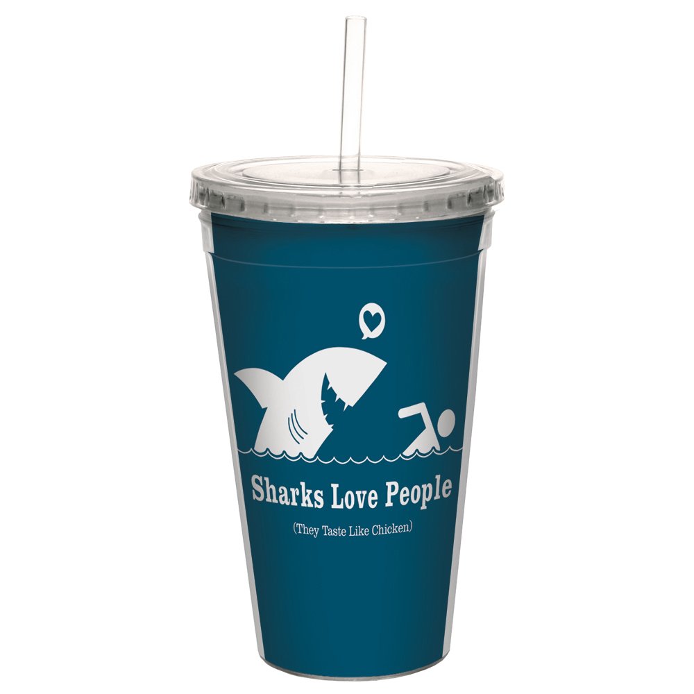 Tree-Free Greetings Cool Cups, Double-Walled PBA Free with Straw and Lid Travel Insulated Tumbler, 16 Ounces, Sharks Love People