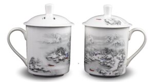 festcool 2 bone china 14-ounce tea cups coffee mug (with lid) snow scene porcelain one pair jingdezhen