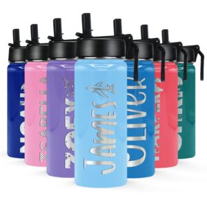 personalized kids water bottle with straw lid on pastel blue gloss for school engraved custom children name 18 oz modern insulated stainless steel