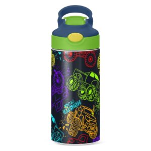 Sletend Colorful Monster Truck Kids Water Bottle,12Oz BPA-Free Vacuum Insulated Stainless Steel Water Bottle Leak Proof & Lightwieght for Boys Girls