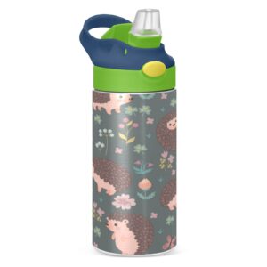cute hedgehog kids water bottle, bpa-free vacuum insulated stainless steel water bottle with straw lid double walled leakproof flask for girls boys toddlers, 12oz