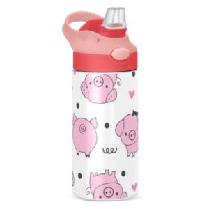 cute pig kids water bottle, vacuum insulated stainless steel, double walled leakproof tumbler travel cup for girls boys toddlers, 12 oz