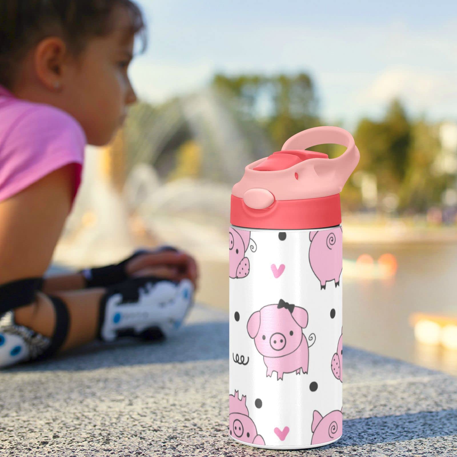 Cute Pig Kids Water Bottle, Vacuum Insulated Stainless Steel, Double Walled Leakproof Tumbler Travel Cup for Girls Boys Toddlers, 12 oz