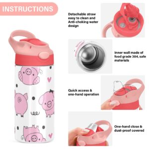 Cute Pig Kids Water Bottle, Vacuum Insulated Stainless Steel, Double Walled Leakproof Tumbler Travel Cup for Girls Boys Toddlers, 12 oz
