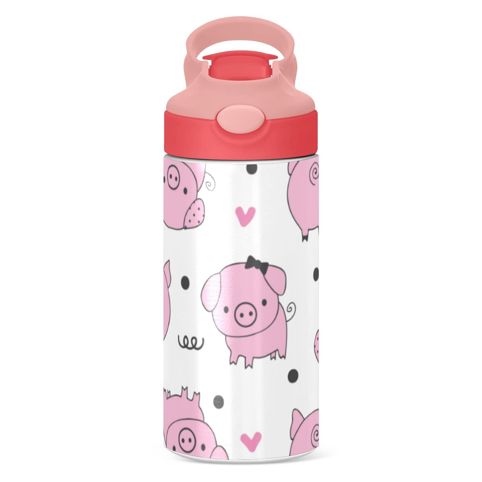 Cute Pig Kids Water Bottle, Vacuum Insulated Stainless Steel, Double Walled Leakproof Tumbler Travel Cup for Girls Boys Toddlers, 12 oz