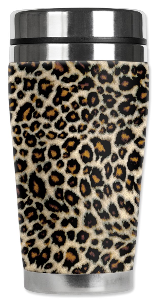 Mugzie Small Leopard Spots Travel Mug with Insulated Wetsuit Cover, 16 oz, Black