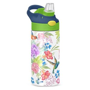 flower birds kids water bottle with straw lid - 12 oz double wall vacuum insulated stainless steel water bottle leak proof reusable thermos for toddlers, girls, boys