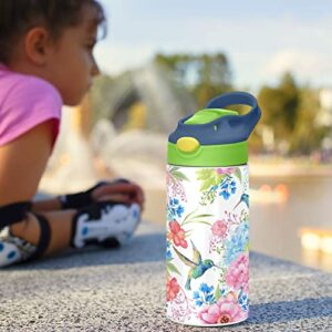 Flower Birds Kids Water Bottle with Straw Lid - 12 oz Double Wall Vacuum Insulated Stainless Steel Water Bottle Leak Proof Reusable Thermos for Toddlers, Girls, Boys