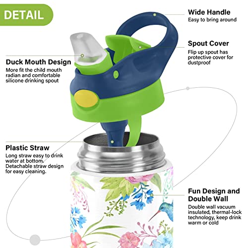 Flower Birds Kids Water Bottle with Straw Lid - 12 oz Double Wall Vacuum Insulated Stainless Steel Water Bottle Leak Proof Reusable Thermos for Toddlers, Girls, Boys