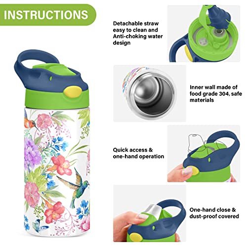 Flower Birds Kids Water Bottle with Straw Lid - 12 oz Double Wall Vacuum Insulated Stainless Steel Water Bottle Leak Proof Reusable Thermos for Toddlers, Girls, Boys