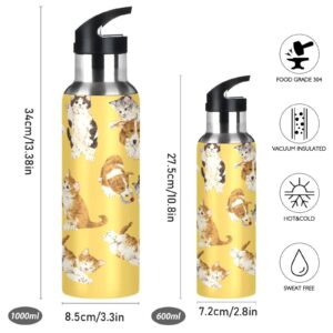 FUGIDOG Cute Cat Stainless Steel Sports Water Bottle with Straw Lid, BPA-Free, 32 oz Vacuum Insulation Flask Reusable Leak Proof Thermos for Fitness Travel Gym Cycling