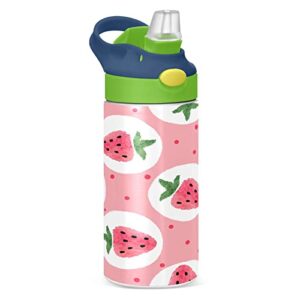 kigai strawberry kids water bottle, bpa-free vacuum insulated stainless steel water bottle with straw lid double walled leakproof flask for girls boys toddlers, 12oz