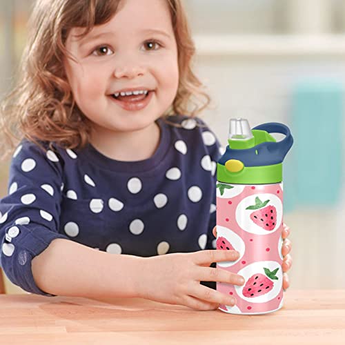 Kigai Strawberry Kids Water Bottle, BPA-Free Vacuum Insulated Stainless Steel Water Bottle with Straw Lid Double Walled Leakproof Flask for Girls Boys Toddlers, 12Oz