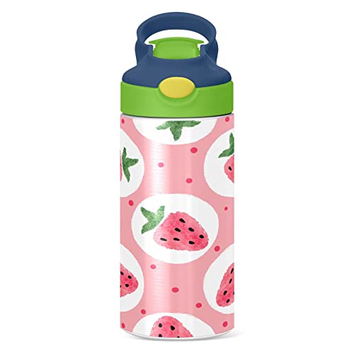 Kigai Strawberry Kids Water Bottle, BPA-Free Vacuum Insulated Stainless Steel Water Bottle with Straw Lid Double Walled Leakproof Flask for Girls Boys Toddlers, 12Oz