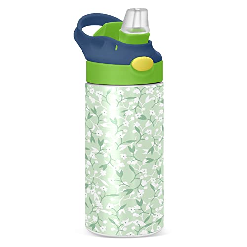 Kigai Small White Flowers Kids Water Bottle, BPA-Free Vacuum Insulated Stainless Steel Water Bottle with Straw Lid Double Walled Leakproof Flask for Girls Boys Toddlers, 12Oz