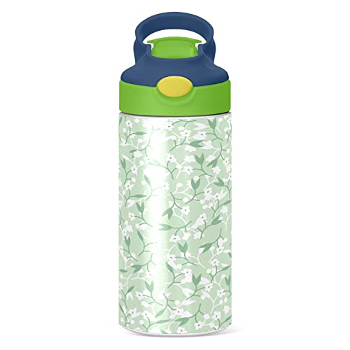 Kigai Small White Flowers Kids Water Bottle, BPA-Free Vacuum Insulated Stainless Steel Water Bottle with Straw Lid Double Walled Leakproof Flask for Girls Boys Toddlers, 12Oz