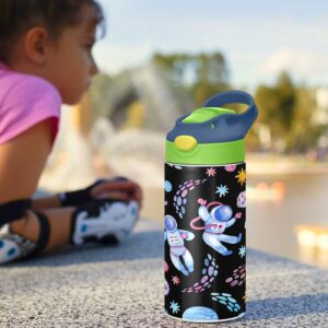 Boccsty Astronauts Planets Stars Kids Water Bottle with Straw Lid Meteors Space Insulated Stainless Steel Reusable Tumbler for Boys Girls Toddlers 12 oz Green