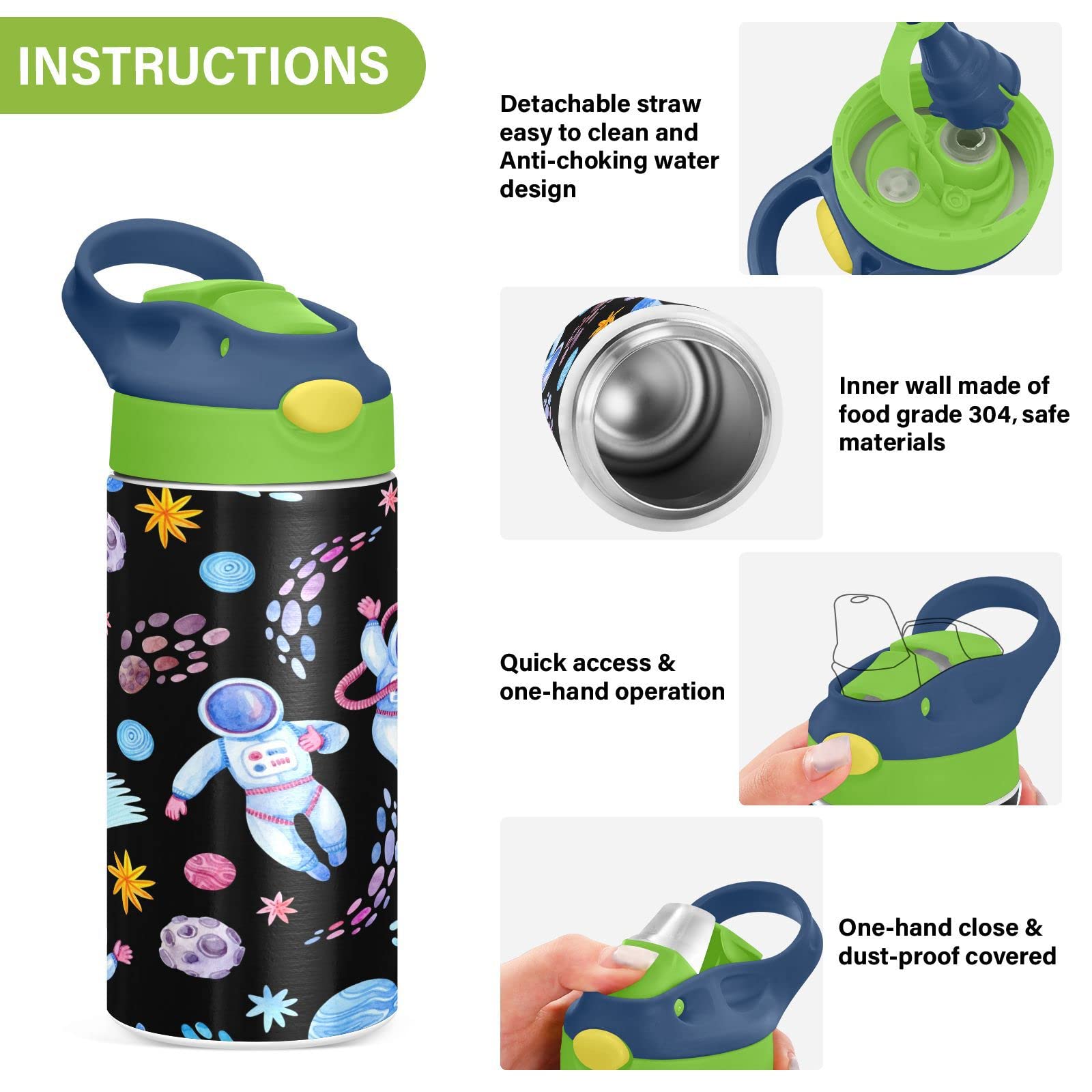 Boccsty Astronauts Planets Stars Kids Water Bottle with Straw Lid Meteors Space Insulated Stainless Steel Reusable Tumbler for Boys Girls Toddlers 12 oz Green