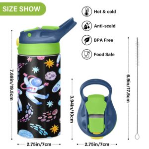 Boccsty Astronauts Planets Stars Kids Water Bottle with Straw Lid Meteors Space Insulated Stainless Steel Reusable Tumbler for Boys Girls Toddlers 12 oz Green