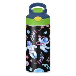 Boccsty Astronauts Planets Stars Kids Water Bottle with Straw Lid Meteors Space Insulated Stainless Steel Reusable Tumbler for Boys Girls Toddlers 12 oz Green