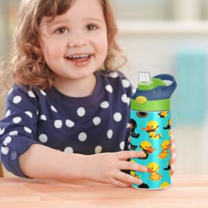 Boccsty Duck Pattern Kids Water Bottle with Straw Lid Yellow Animal Insulated Stainless Steel Reusable Tumbler for Boys Girls Toddlers 12 oz Green