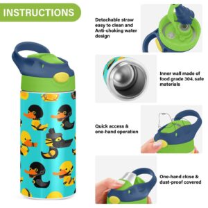 Boccsty Duck Pattern Kids Water Bottle with Straw Lid Yellow Animal Insulated Stainless Steel Reusable Tumbler for Boys Girls Toddlers 12 oz Green