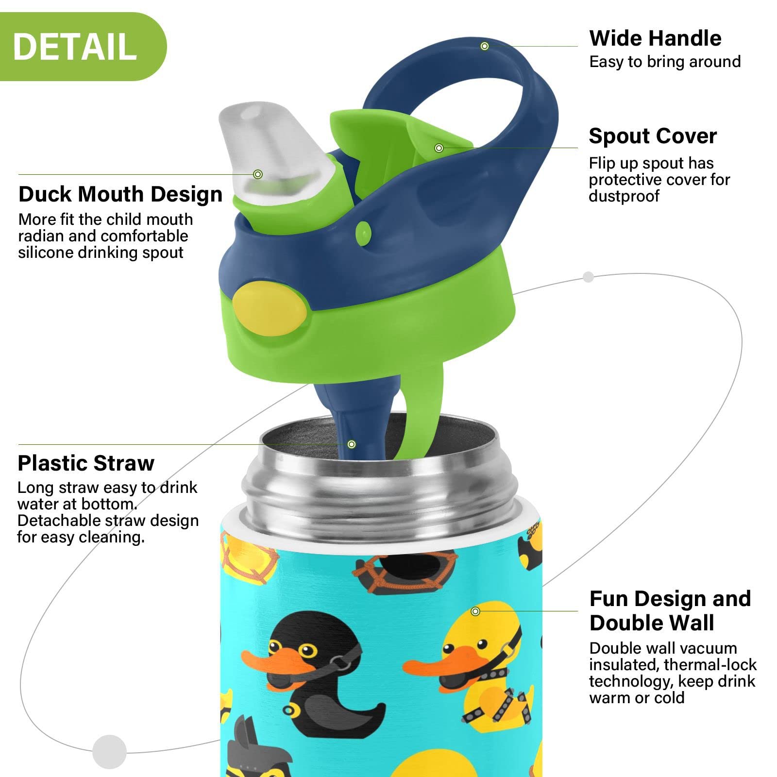 Boccsty Duck Pattern Kids Water Bottle with Straw Lid Yellow Animal Insulated Stainless Steel Reusable Tumbler for Boys Girls Toddlers 12 oz Green