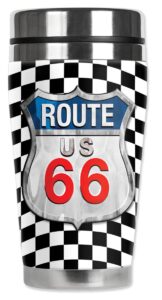 mugzie checkered flag route 66 travel mug with insulated wetsuit cover, 16 oz, black