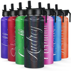 personalized water bottle with straw lid on black glitter for gym engraved custom women name 40 oz modern insulated stainless