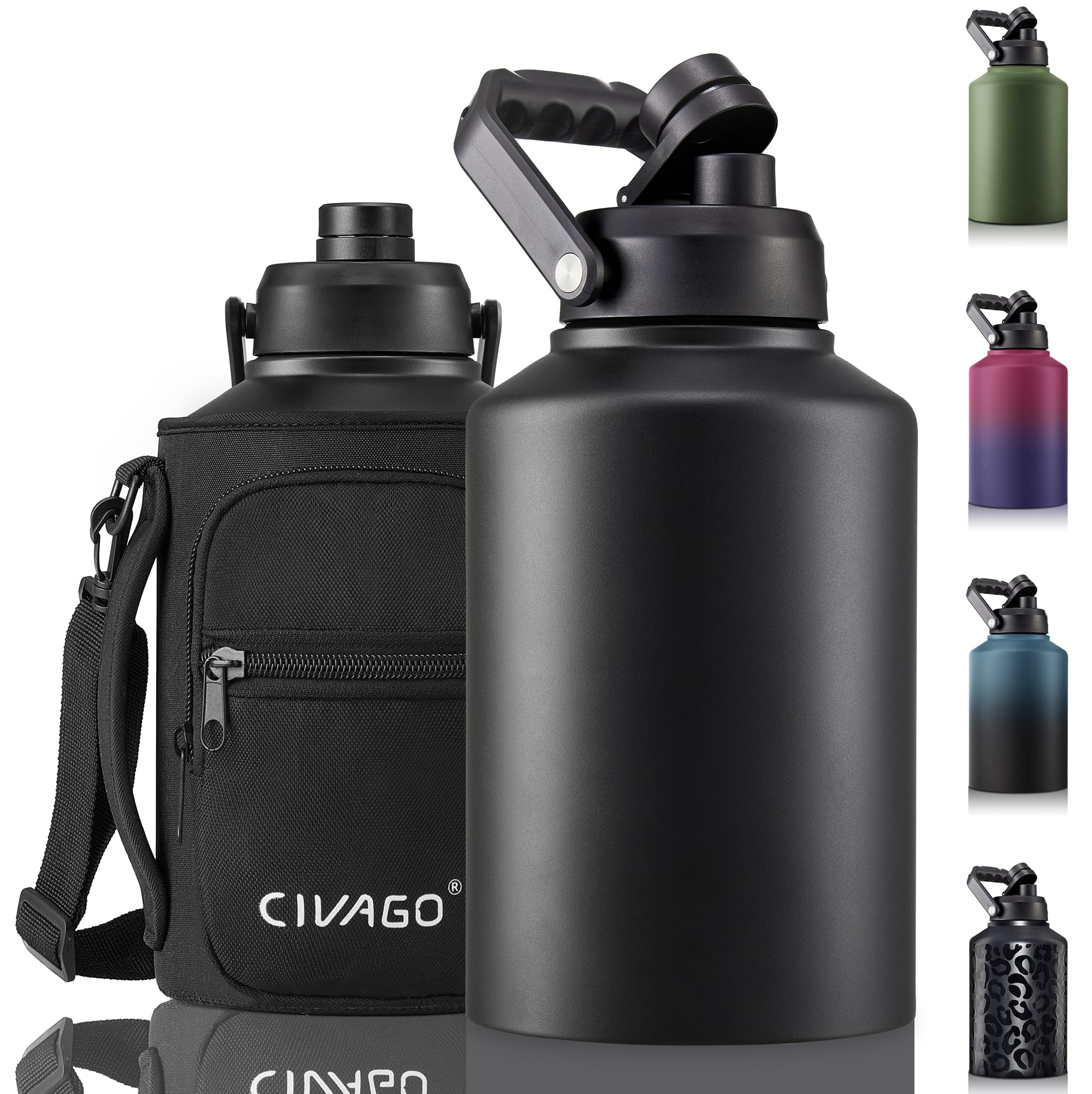 CIVAGO Gallon Insulated Water Bottle Jug, 128 oz Stainless Steel Sports Canteen, Large Metal Thermal Growler Mug with Carrier Bag and Handle, Black