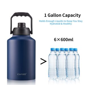 CIVAGO Gallon Insulated Water Bottle Jug, 128 oz Stainless Steel Sports Canteen, Large Metal Thermal Growler Mug with Carrier Bag and Handle, Black