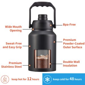 CIVAGO Gallon Insulated Water Bottle Jug, 128 oz Stainless Steel Sports Canteen, Large Metal Thermal Growler Mug with Carrier Bag and Handle, Black